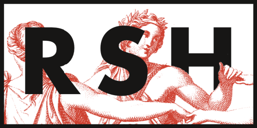 Apollo dances with the muses in between the abbreviation for the Ruth Stone House, RSH.